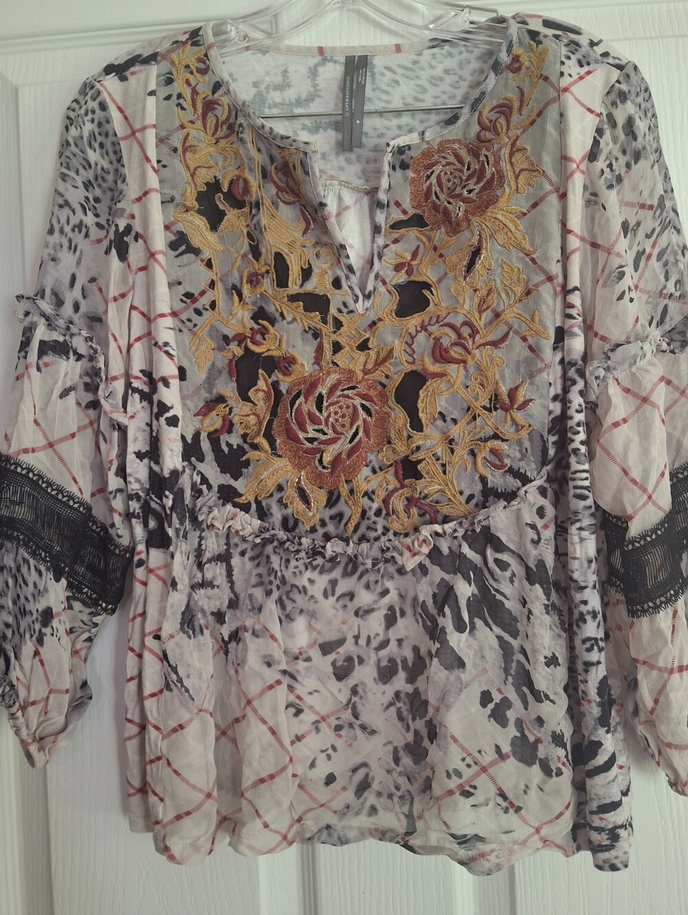 Anthropologie Soft Gray & Pale Pink Patterned Top
